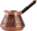 DEMMEX 15 Oz Thickest Copper Turkish Greek Arabic Coffee Pot Stovetop Coffee Maker Cezve Ibrik Briki with Wooden Handle &amp Spoon Hand Engraved (Matte Copper 6 Servings)