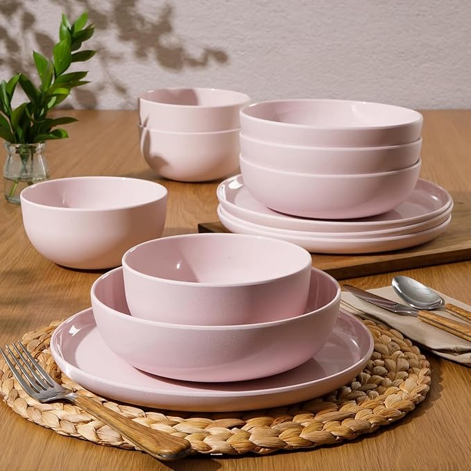 12 Piece Wheat Straw Melamine Dinnerware Set – Lightweight Plates and Bowls Service for 4 Durable &amp Dishwasher Safe Pink