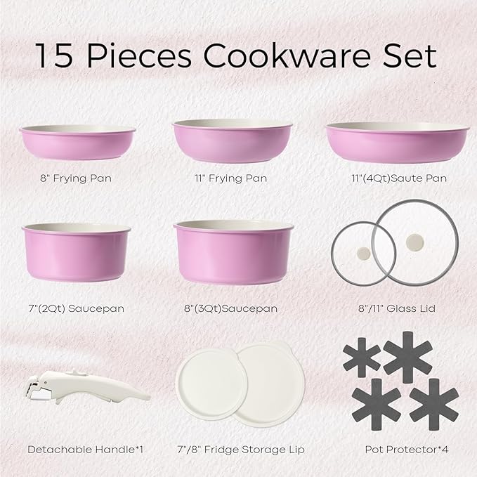 15Pcs Pots and Pans Set Non Stick Cookware Sets with Detachable Handle Nonstick RV Kitchen Cooking Tools Removable Handles Oven Safe Induction Fast Stackable Induction Cookware Pink