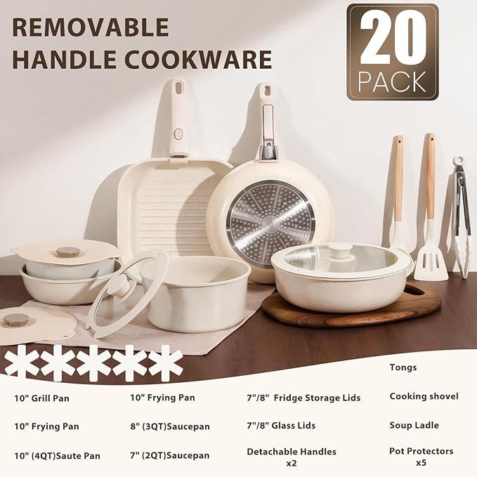 Nonstick Ceramic Cookware Set 20-Piece - Pots and Pans Set with Detachable Handle - RV Stackable Kitchen Cooking Set Induction/Dishwasher/Oven Safe with Frying Cream White