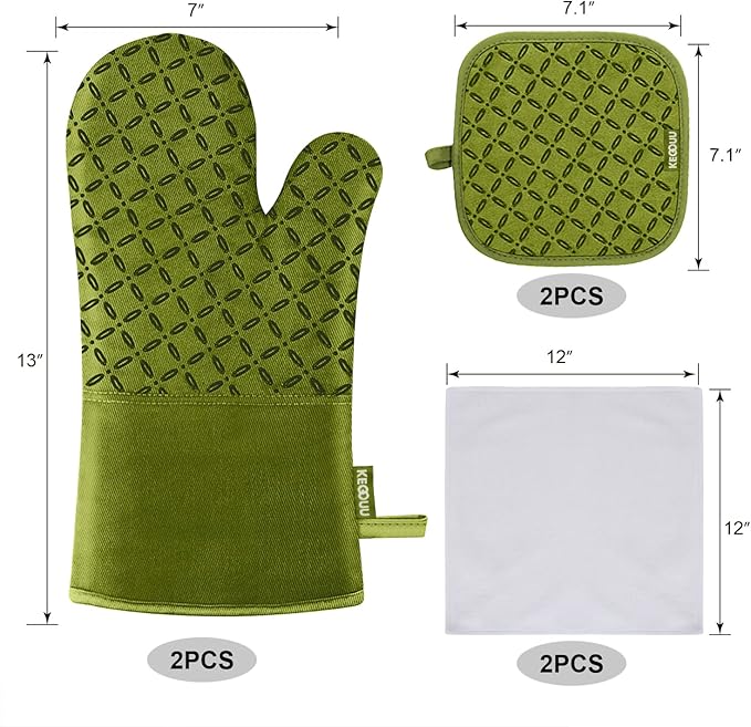 KEGOUU Oven Mitts and Pot Holders 6pcs Set Kitchen Oven Glove High Heat Resistant 500 Degree Extra Long Oven Mitts and Potholder with Non-Slip Silicone Surface for Cooking (Olive Drab)