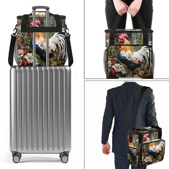 Beautiful Rooster Flower Coffee Maker Travel Bag for Keurig K-Mini/K-Mini Plus Insulated Waterproof Tote with Pockets for K-Cup Portable Single-Serve Brewer Case