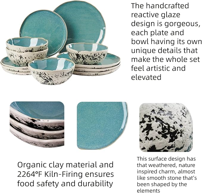 12pcs Dinnerware Set Service for 4 Handmade StonewareCeramic Dish Set Plates and Bowls set Dinner Set Reactive Glazed Microwave and Dishwasher Safe (BLUE)