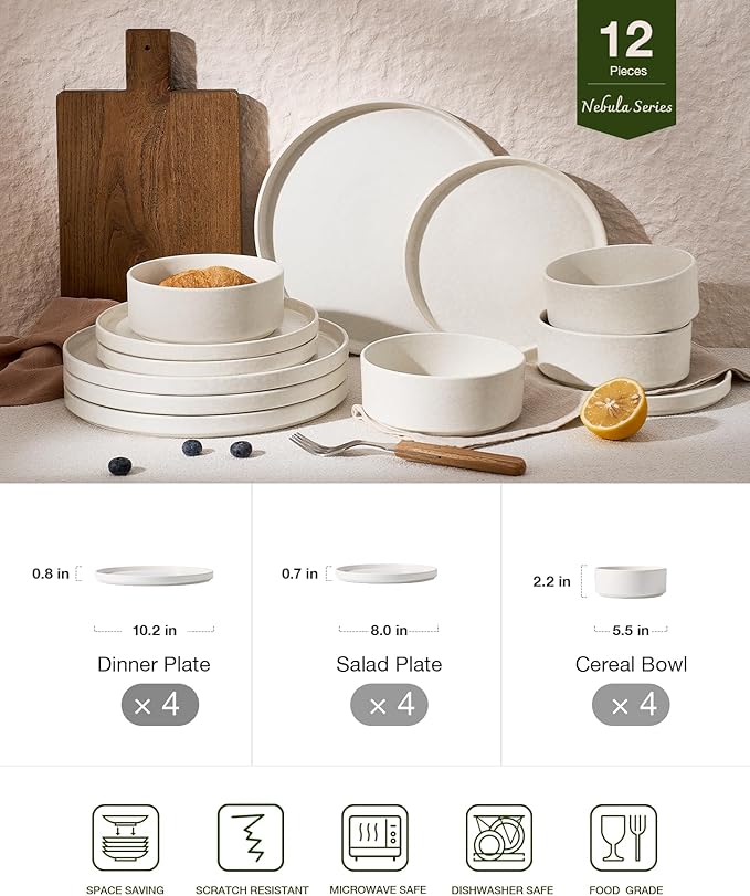 Famiware Nebula Plates and Bowls Sets 12 Pieces Stoneware Dinnerware Sets Reactive Glaze Dish Set Dishes Set for 4 Matte Beige White