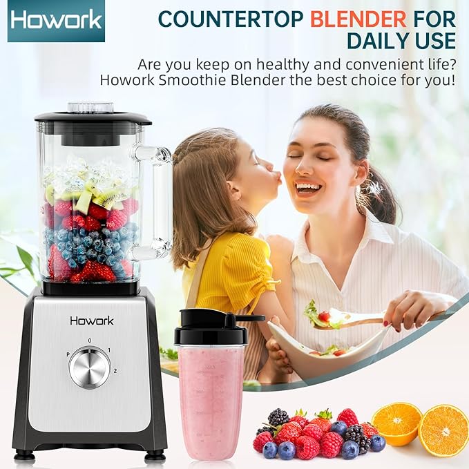 HOWORK Blender for Smoothies 750W Personal Blender 56 Oz Glass Jar 16oz Portable Cups2+P speed 3 Functions for Smoothies Frozen Drinks &amp Ice CreamGrey