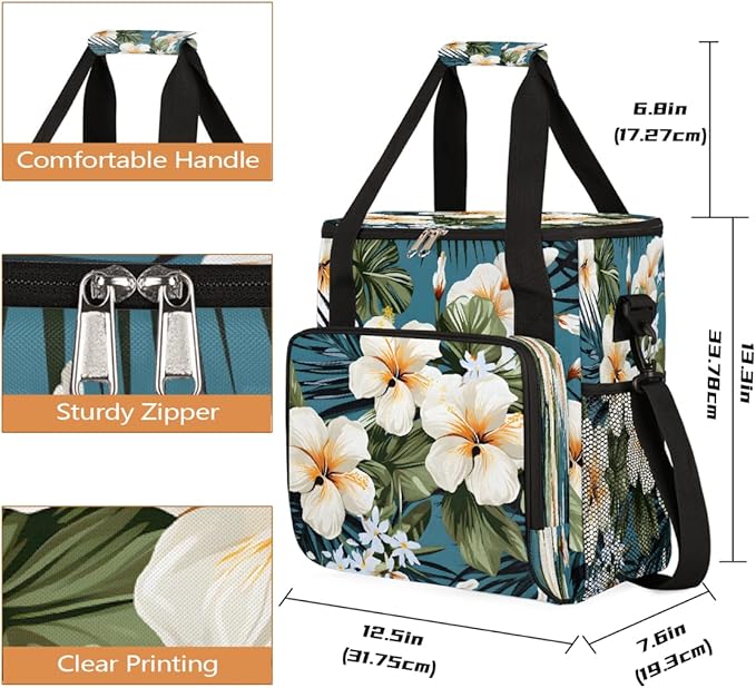 White Flowers Coffee Maker Carring Bag Travel Carrying Storage Tote Bag Compatible with Keurig K-Mini or K-Mini Plus Portable Single Serve Coffee Brewer Case with Pockets for K-cup Pods