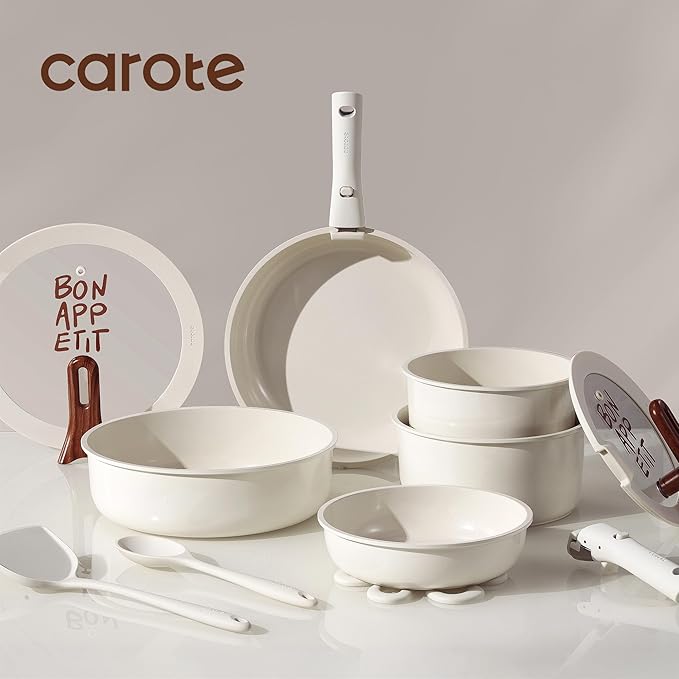 CAROTE 18Pcs Ceramic Cookware Set with Detachable Handle Pots and Pans Set Non Stick Non Toxic Kitchen Cooking Sets with Stand-Up Lid PFAS and PFOA Free Oven Safe Induction Ready Cream White