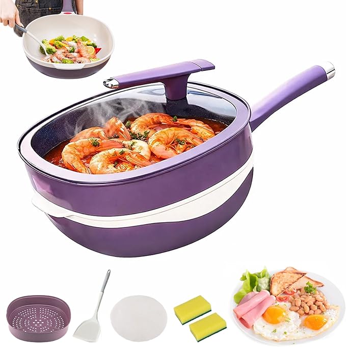 12 Inch Titanium Alloy Non Stick Pot with Lid with Steamer Ergonomic Stay-Cool Handle Nonstick Frying Pan Cookware Set for Frying Stewing Induction &amp Gas (Purple)