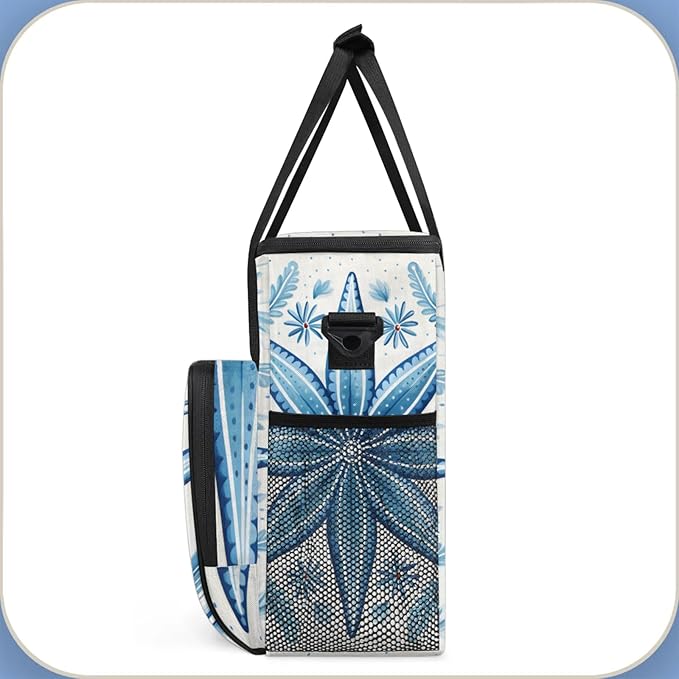 Blue Flowers Style Coffee Maker Travel Bag for Keurig K-Mini/K-Mini Plus Insulated Waterproof Tote with Pockets for K-Cup Portable Single-Serve Brewer Case