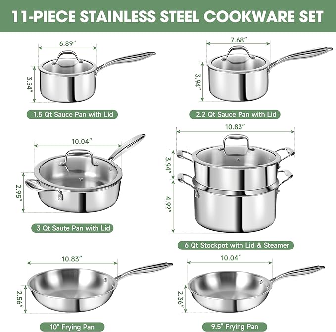 3 Ply Stainless Steel 11-Piece Cookware Set with Lids Pots and Pans Kitchen Set Non-Toxic Induction Oven Dishwasher Safe Professional Chef Quality