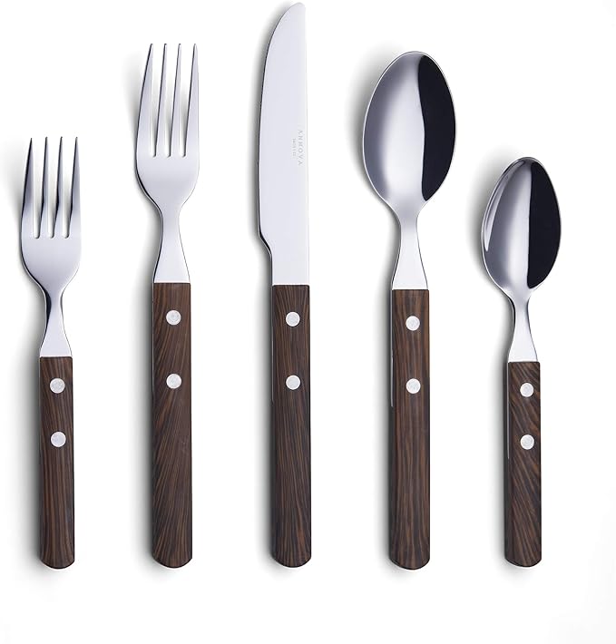 ANNOVA 20 Piece Silverware Set Service for 4 Stainless Steel Retro/Rivet Walnut Wood Tableware Kitchen Flatware Set Utensils Includes Dinner Knives Forks Spoons Salad Forks &amp Dessert Spoons