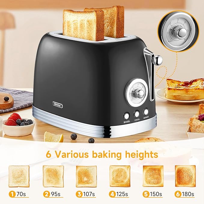 Glossy Black Cute Retro Toaster 2 Slice with 1.58 Wide Slots Bread toaster with Cover and Warm Rack Stainless Steel Toaster with Removable Crumb Tray Preheat Defrost Cancel Function