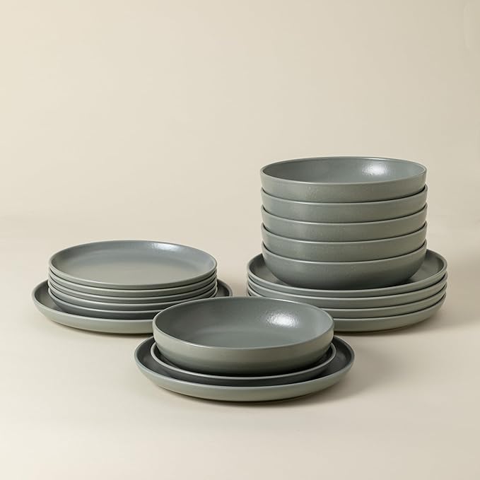 Casafina Ceramic Stoneware 18-Piece Place Setting Service for 6 with Pasta Bowls - Pacifica Collection Artichoke Green | Microwave &amp Dishwasher Safe Dinnerware Set | Restaurant Quality Tableware