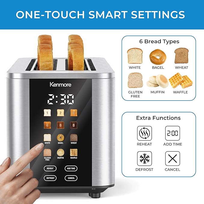 Kenmore 4-Slice Digital Touchscreen Toaster - 1400W Stainless Steel Wide Slots 6 Shade Settings Bread Presets Countdown Timer Reheat &amp Defrost Functions Compact Countertop Design tostadora dig