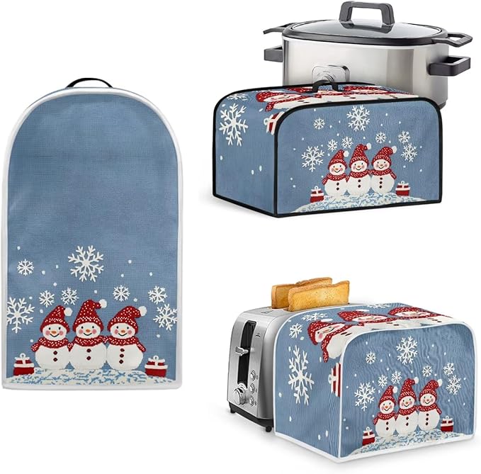 Christmas Themed Toaster Blender &amp Slow Cooker Covers - 4 Slice Wide Slot Washable Dust Covers in Blue for Merry Xmas Decor