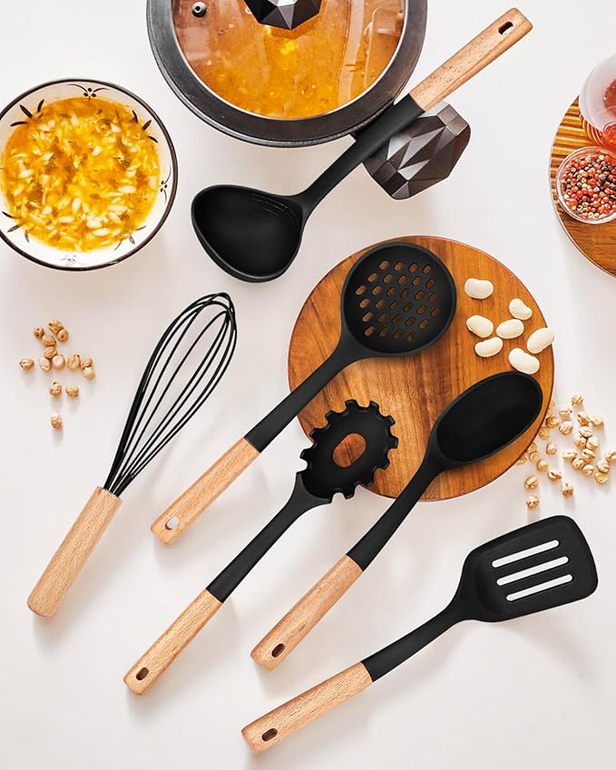 Kitchen Utensils Set 13PCS Silicone Cooking Utensils Heat Resistant Kitchen Utensil Spatula Set for Nonstick Cookware Wooden Handles Kitchen Gadgets Tools Set