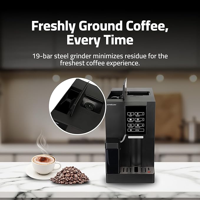 Epsilon Fully Automatic Coffee Machine with Grinder Coffee &amp Espresso Maker Combo Built-In Milk Frother One Touch Self Cleaning Super Automatic Custom Brewing Coffee Machine