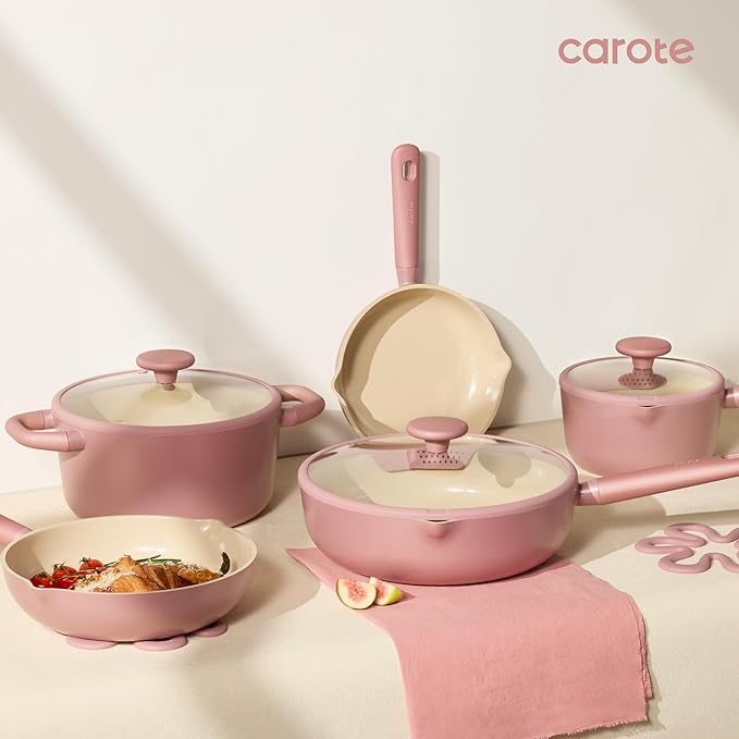 CAROTE 21pcs Cookware Set Nonstick Pots and Pans Set Ceramic Cookware Set Induction Cookware Non toxic Healthy Non Stick Kitchen Cooking Set PFAS PTFE Free