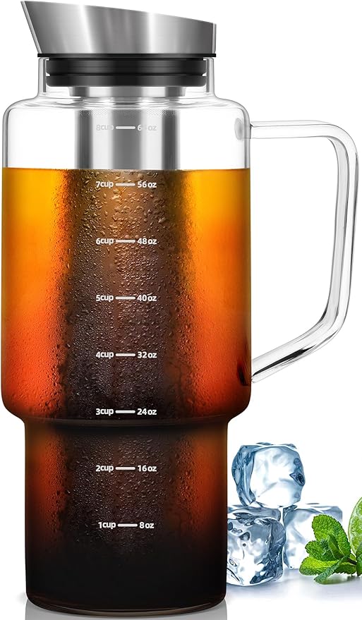 Aquach 68oz Cold Brew Coffee Tea Maker Glass Pitcher &amp Stainless Steel Filter Dishwasher Safe Iced Coffee Tea Maker with Airtight Lid and Large Handle