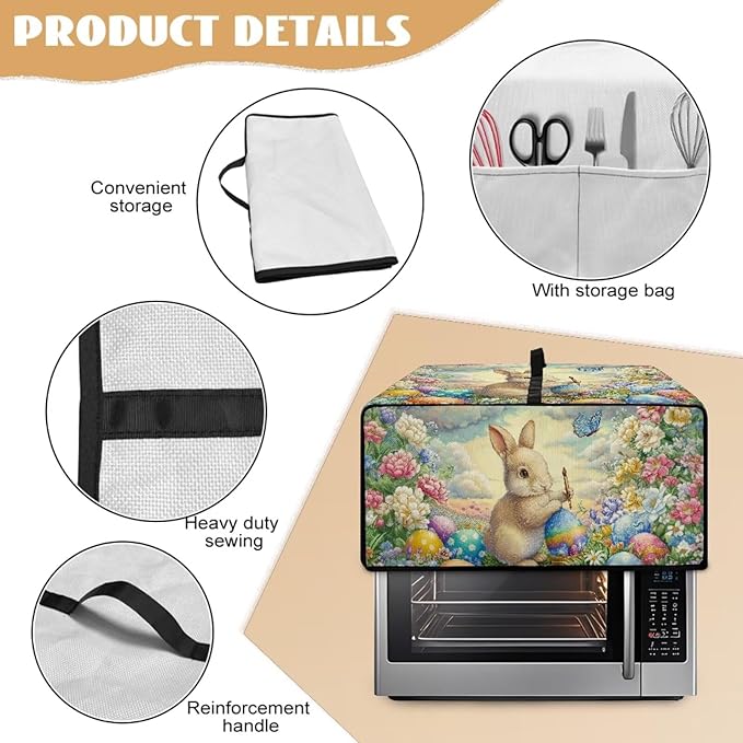 Bunny Flower Printed Toaster Cover Easter Egg Printed Heavy Duty Toaster Oven Dust Cover with Accessory Pockets Washable Kitchen Small Appliance Protector Easter Decor M