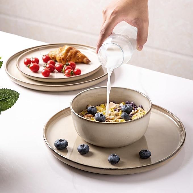 GBHOME Ceramic Dinnerware Sets for 4 16 Pieces Stoneware Plates and Bowls Sets Chip and Scratch Resistant Dishes Dishwasher &amp Microwave Safe Reactive Glaze-Cappuccino