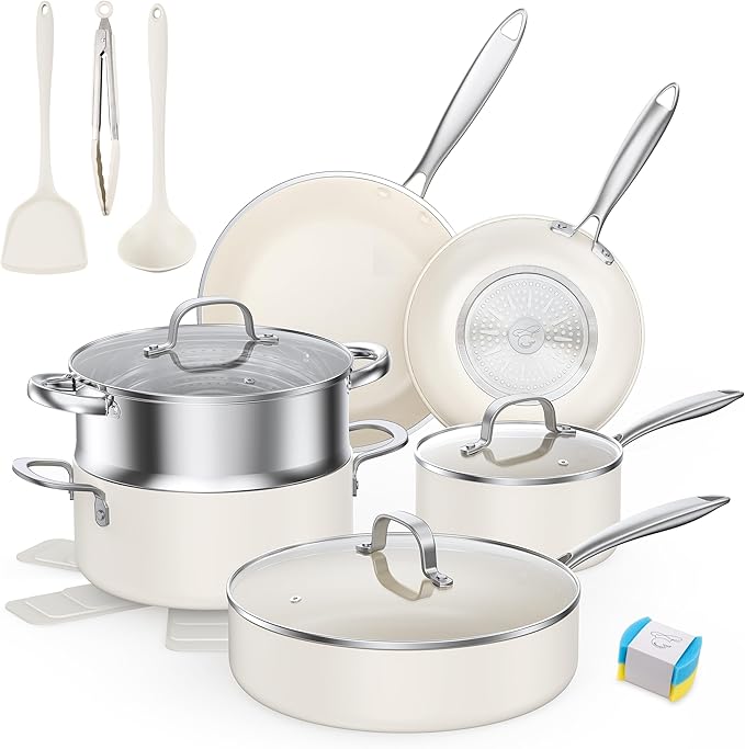 PekGema Ceramic Pots and Pans Set 16 Pcs Cookware Set Non Toxic Nonstick Kitchen Cookware Oven Safe Cooking Pan Set PFAS PTFE PFOA FREECompatible with All Cooktops comfortable handle.Cream White