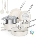 PekGema Ceramic Pots and Pans Set 16 Pcs Cookware Set Non Toxic Nonstick Kitchen Cookware Oven Safe Cooking Pan Set PFAS PTFE PFOA FREECompatible with All Cooktops comfortable handle.Cream White