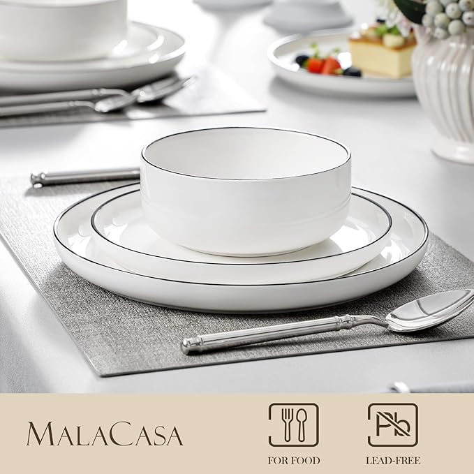 MALACASA Plates and Bowls Sets 18 Pieces Modern Porcelain Dinnerware Set for 6 White Kitchen Dinner Ware Set wtih Black Rim Ceramic Dishware Dishes Microwave and Dishwasher Safe Series LUNA