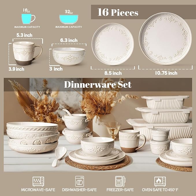 Artena Plates And Bowls Sets 16 Pieces Dinnerware Sets Dish Set For 4 Ceramic Kitchen Bowl And Plate Set Embossed White Dishware Sets Dishwasher &amp Microwave Safe (Damask Floral) (With Mugs)