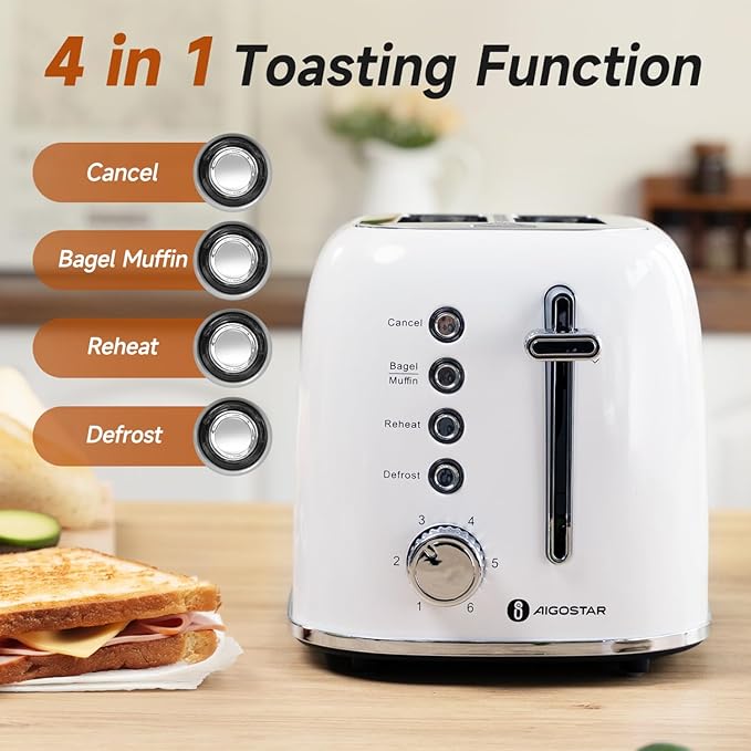 Aigostar Toaster 2 Slice Retro Stainless Steel 1.6 inch Extra Wide Slots Bread Toaster Bagel Cancel Defrost Function 6 Shade Settings &amp Removable Crumb Tray Waffle Tortilla