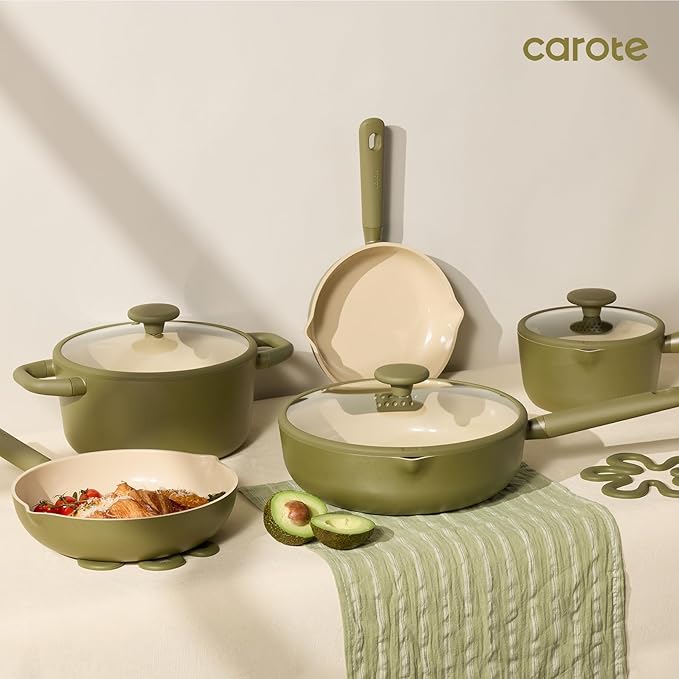 CAROTE 21pcs Cookware Set Nonstick Pots and Pans Set Ceramic Cookware Set Induction Cookware Non toxic Healthy Non Stick Kitchen Cooking Set PFAS PTFE Free