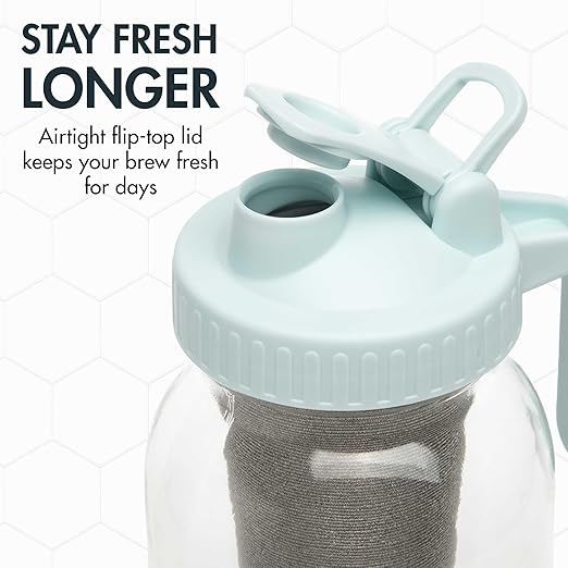 Primula Mason Jar Cold Brew Iced Coffee Maker with Stainless Steel Filter and Easy Pour Lid Durable Glass Pitcher Fits in Most Fridge Doors Dishwasher Safe Made without BPA 2-Quart Aqua