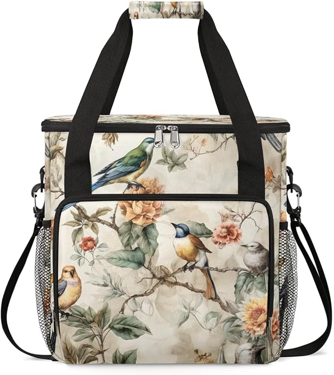 Retro Bird Flower Coffee Maker Carrying Bag Compatible with K-Mini or K-Mini Plus Portable Single Cup Coffee Maker Case with Pockets for K Cup Pods