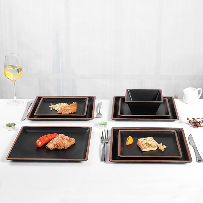Melamine Dinnerware Sets Service for 4 Square Dinner Plates and Bowls Set12-Piece Set Non-breakable Lightweight Dinner Tableware for Indoor/Outdoor Use