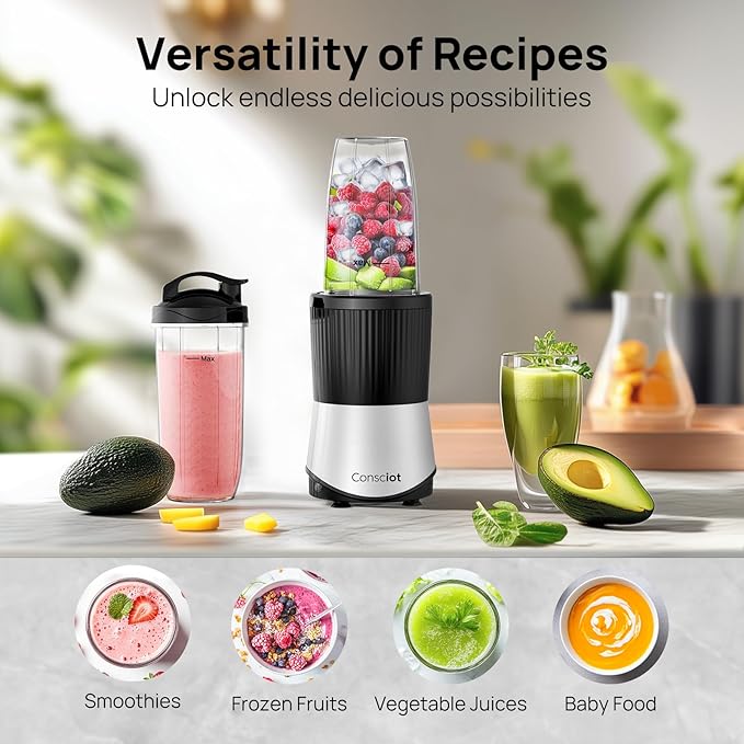 Consciot CB08 11-Piece Blender for Kitchen and Personal Size Blend Shakes and Smoothies Frozen Drinks Baby Food Spreads &amp More 3 Portable To-Go Cups &amp 2 Spout Lids &amp 1 Solid Lid 900