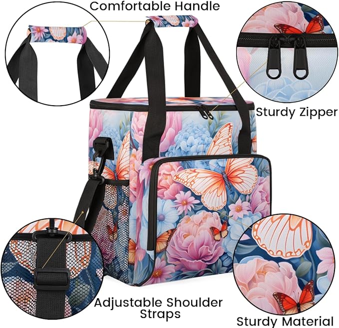 Flowers Butterfly Coffee Maker Carrying Bag Artistic Butterfly Travel Storage Bag Compatible with K-Mini or K-Mini Plus Single Serve Coffee Brewer Carrying Case with Pockets &amp Shoulder Strap