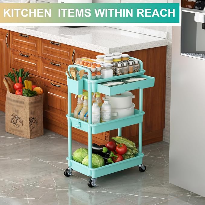 Goovilla 3 Tier Rolling Utility Cart Organizer with Removable Drawer Stable and Sturdy Blue Rolling Storage Carts with 2 Lockable Wheels for Bathroom Kitchen Snack Craft Makeup Baby Essentials
