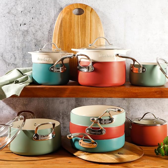 Bloomhouse - Two Time Oprah's Favorite Things Winner - 12 Piece Aluminum Pots and Pans Cookware Set w/Non-toxic Ceramic Non-stick Ceramic Steamer Insert &amp 12 Protective Care Bags - Terracotta Ora