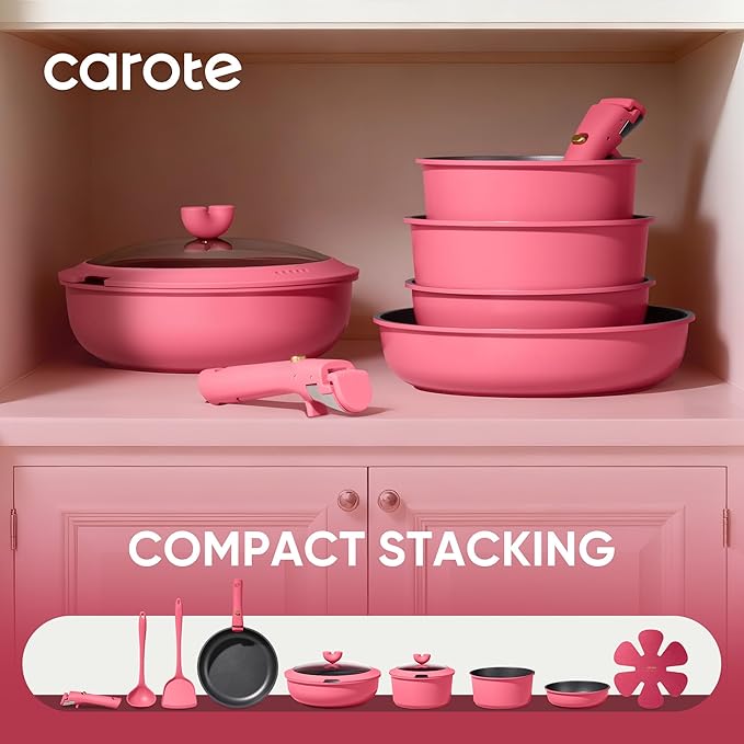 CAROTE 15pcs Pots and Pans Set Non Stick Cookware Set Non Toxic with Detachable Handle Induction Kitchen Cooking Set Dishwasher/Oven Safe RV/Camping Cookware