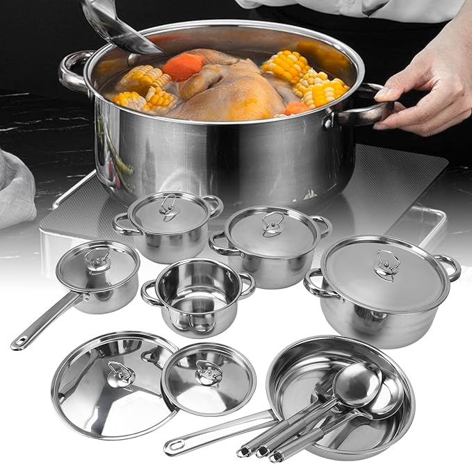 Fdit Stainless Steel Cookware Set 6-Piece Pot and Pan Collection with Heat Handles Includes 4 Soup Pots 2 Saute Pans and Utensils for Frying Boiling Stewing