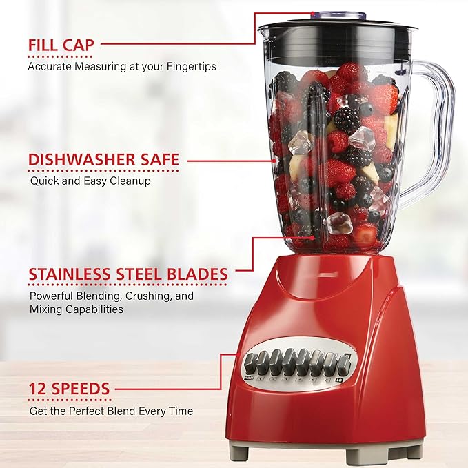 12-Speed Countertop Blender with Pulse Function – 50oz BPA-Free Jar Stainless Steel Blades Ice Crusher &amp Smoothie Maker 350W Kitchen Blender (Red)