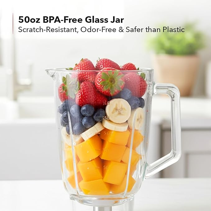 OVENTE Countertop Blender for Shakes and Smoothies with 550W Motor 50 Oz Glass Jar and Adjustable 4 Speed Settings Ideal for Frozen Fruit Drinks Puree Ice Crush Sauces and More Blue BLH2604LBL