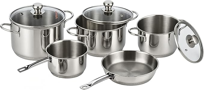 Vinod Stainless Steel Induction Friendly Tuscany Set 5 Pieces - Saucepan (14 cm/1.3 Litre) 3 Cassseroles (14 cm16 cm &amp 18 cm/1.32 &amp 2.8 Litre) Frypan (18 cm) &amp 3 Glass Lids