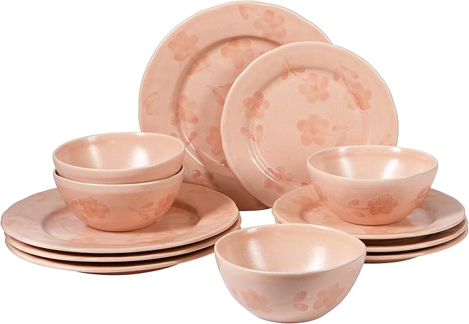 Bloomhouse - 2 Time Oprah's Favorite Things - Made in Portugal Hand Painted Dinnerware Set - Porto Petals 12 Piece (Service for 4) Floral Plates and Bowls Set - Blush Pink
