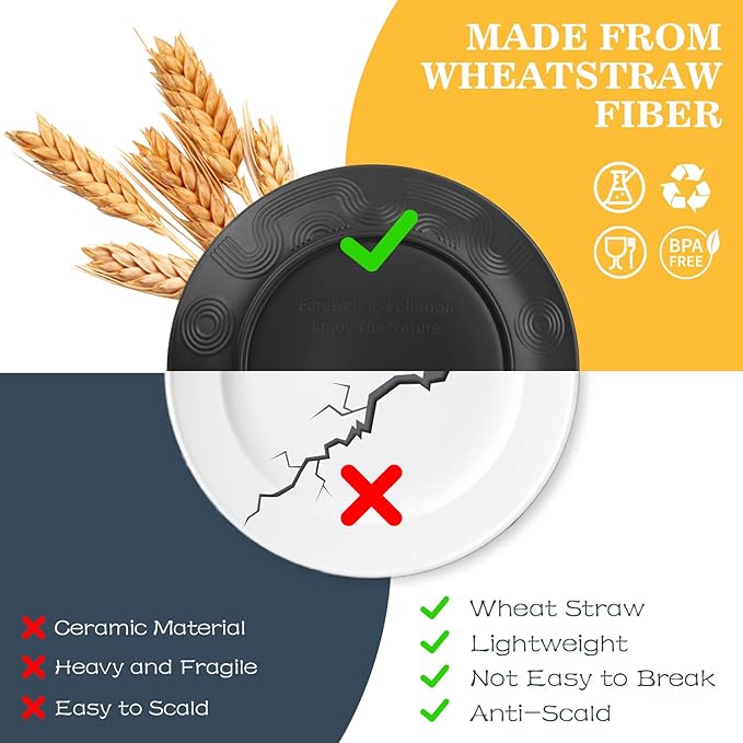 Wheat Straw Dinnerware Sets 40 PCS- Unbreakable Dishes Set for 8 Dishwasher and Microwave Safe Plates and Bowls Sets Reusable Plastic Plates Bowls Drinking Cups for Camping Party - Black
