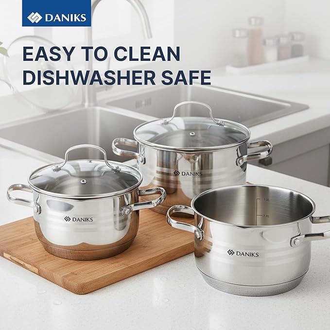 Daniks Tokio Stainless Steel Cookware Set 6-Piece – 2 qt 3 qt 4.5 qt Pots with Glass Strainer Lids Induction Ready Dishwasher Safe Measuring Scale Silver