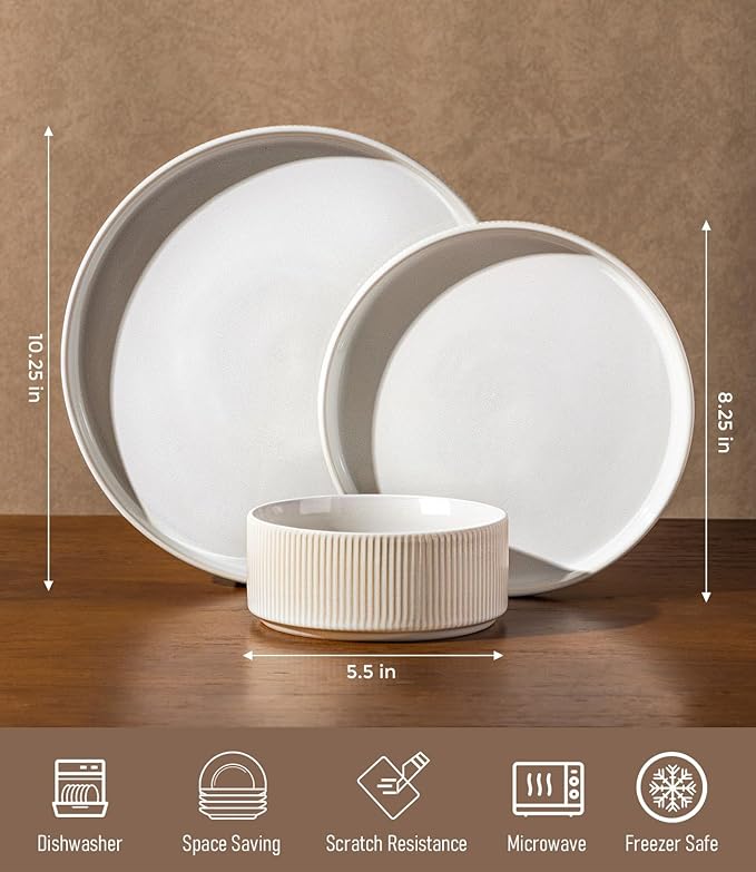 GBHOME Stoneware Dinnerware Sets for 4 12 Pieces Ceramic Ribbed Plates and Bowls Set Reactive Glaze Stackable Plate Sets Scratch Resistant Dishes Microwave &amp Dishwasher Safe Antique Cream