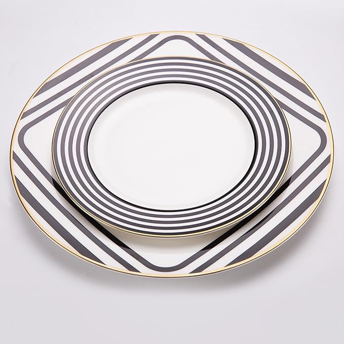 Elegant Bone China Dinnerware Set for 6 – Coffee Cup Saucer &amp 8”/10” Plates – Luxury dishes set for Housewarming Anniversary or Mother’s Day Present gift for Wife DLCP-6