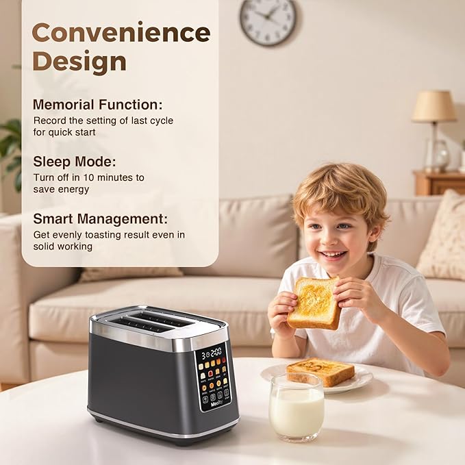 Mecity 2 Slice Toaster with Touch Screen &amp Auto Lift Stainless Steel Cool-Touch Toaster with 8 Bread Settings 5 Shade Levels 1200W High Power Keep Warm &amp Reheat Function Metallic Grey 12