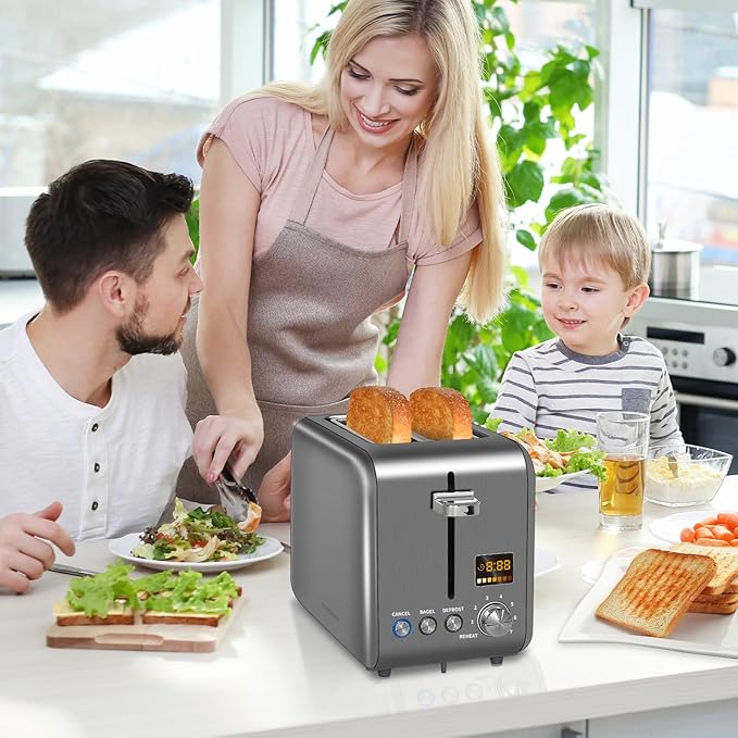 SEEDEEM Toaster 2 Slice Stainless Steel Bread Toaster LCD Display 7 Shade Setting 1.4'' Wide Slots Bagel/Defrost/Reheat Functions Removable Crumb Tray 900W Dark Metallic